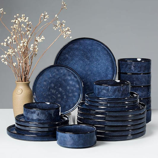 HaWare Dinnerware Sets, 24-Piece Plates and Bowls Set, Stoneware Dish Set for 8, Ceramic Dinnerware for Home Restaurant, Chip and Scratch Resistant, Microwave and Dishwasher Safe, Reactive Starry Blue