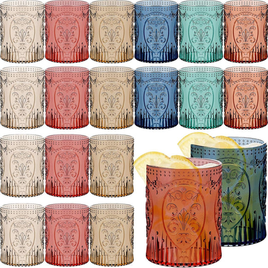 24 Plastic Vintage Drinking Glasses 8.5oz Stemless Retro Embossed Wine Glasses Shatterproof Reusable Cups for Baby Shower Wedding Reception Grand Event Party (Vintage Multicolor)