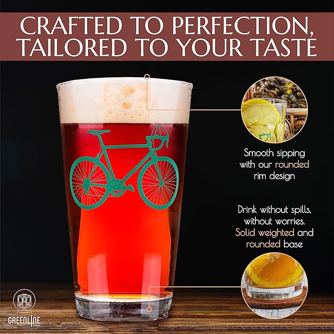 Greenline Goods - Bicycle Beer Glasses (Set of 2) |16 oz Drinkware with Colorful Cyclist Designs | Premium Decorative Glassware | Unique Gifts for Cyclists & Bike Riders [Green]