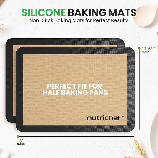 Nutrichef Silicone Baking Mats - 2 Non-stick Food-Grade Reusable Silicone Mats - Perfect for Half Baking Pans 16.5 x 11.6 IN - Oven-Safe Up to 480 Degrees F - Safe for Ovens & Dishwashers - Black