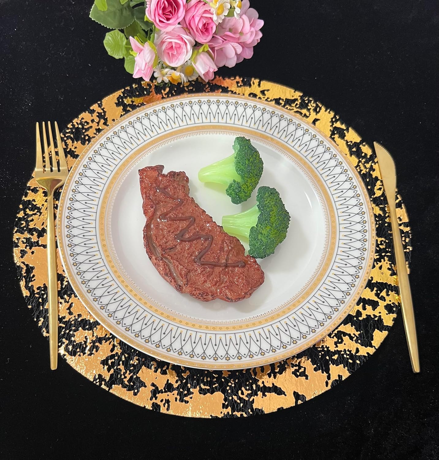 Disposable Black and Gold Placemats Set of 50 Metallic Thin Round 13 Inch Gold Doilies Table Chargers Glitter Foil Mesh Pressed Fall Table Mates 50 Pack for Wedding Birthday Party