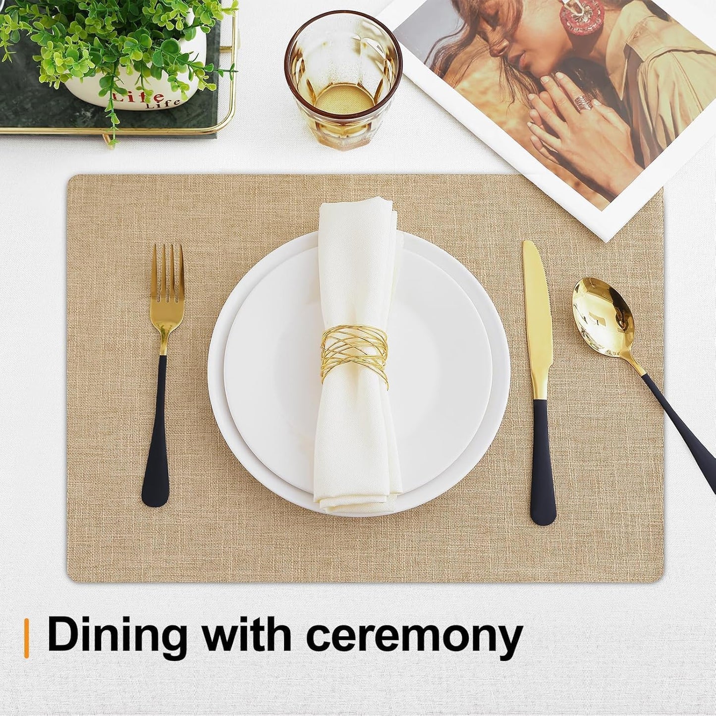 Homaxy Cloths Placemats for Dining Table Set of 8, Heat Resistant Washable Cotton Linen Blend Table Mats, Easy to Clean Place Mats for Indoor Outdoor Party Kitchen Decoration, 13" x 19", Flaxen