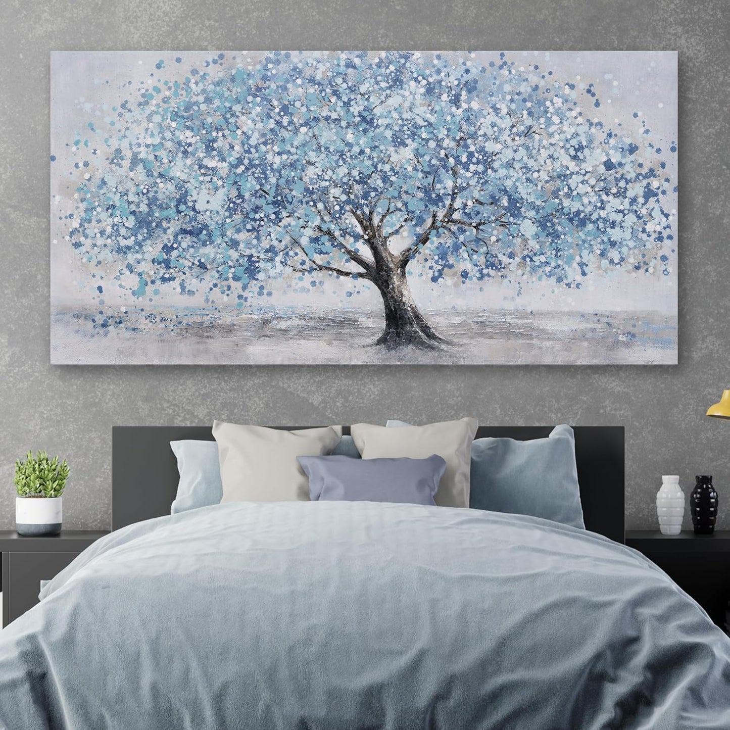Tree of Life Wall Art Blue Tree Picture Wall Decor Artwork Framed Abstract Canvas Painting Nature Decor for Living Room Bedroom Bathroom Office Home Decor 48"x24"Can Be Hung Directly