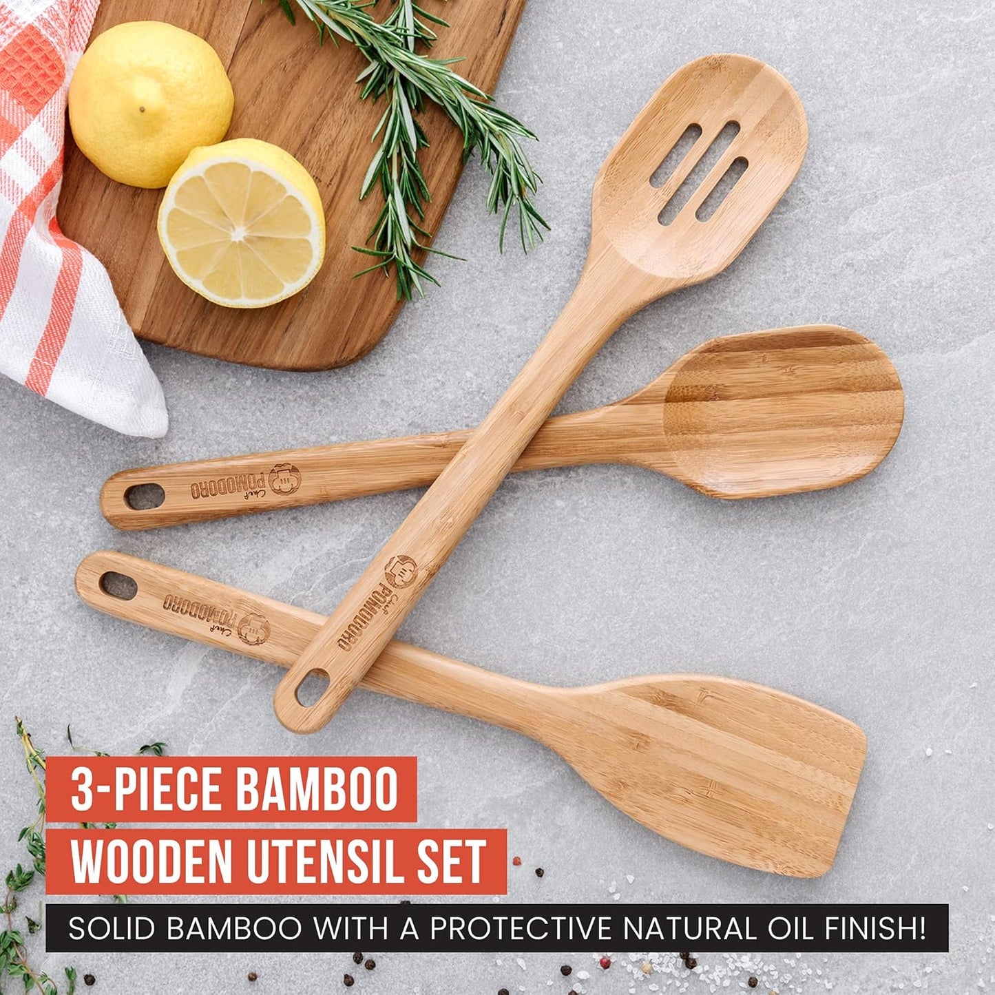 Chef Pomodoro Bamboo Cooking Utensils 3-Piece Set, Large 12.5-Inch Wooden Spatula and Frying Set