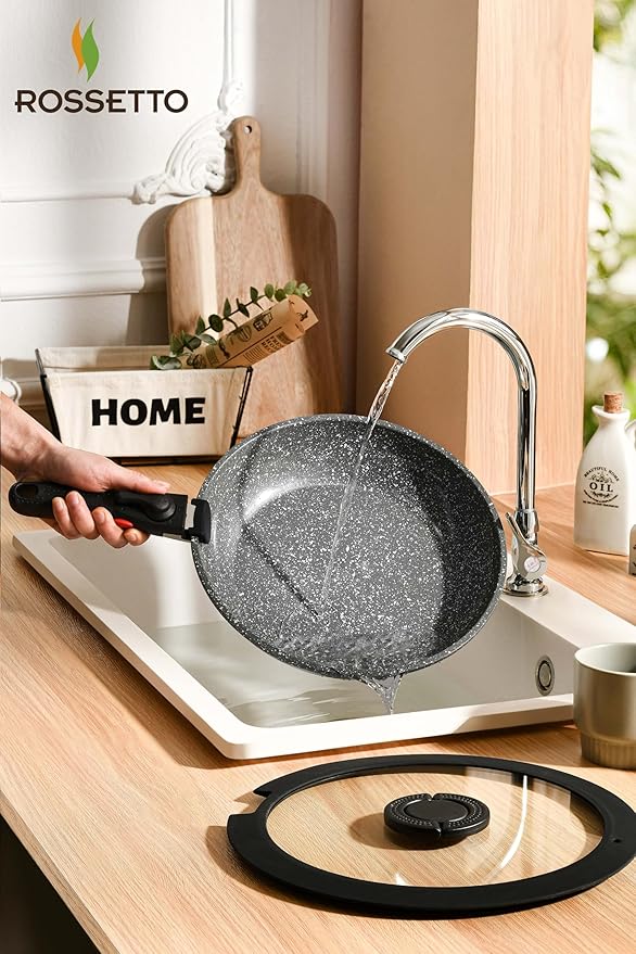 ROSSETTO 16pcs Aluminium Nonstick Pots and Pans Set from France with detachable Handle, Stackable, Ceramic RV Kitchen Cookware Sets Removable Handle, PFOA and PTFE Free, Oven Safe, Induction