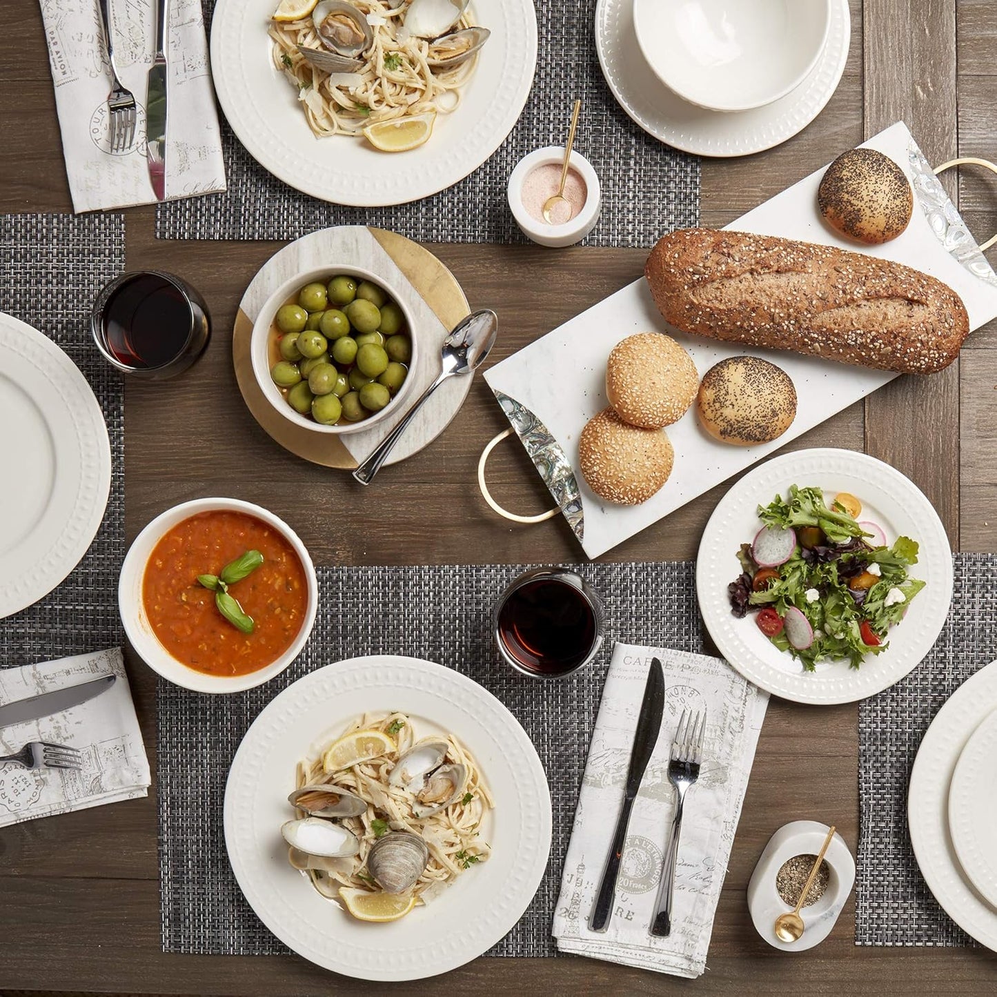 Tabletops Gallery Embossed White Porcelain Round Dinnerware - Bloom 12 Piece Dinnerware Set