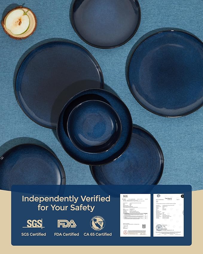18 Piece Stoneware Dish Set for 6, Reactive Glaze Ceramic Plates and Bowls Set | Coastal‑Inspired Irregular Design for Casual Entertaining & Intimate Dinners | Dishwasher & Microwave Safe