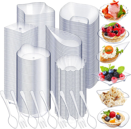 Tessco 1200 Pcs Mini Appetizer Plates Set Including 600 Pcs 6 Shapes Disposable Mini Dessert Cups 300 Spoons 300 Forks for Party Wedding Pudding Ice Cream(Clear)