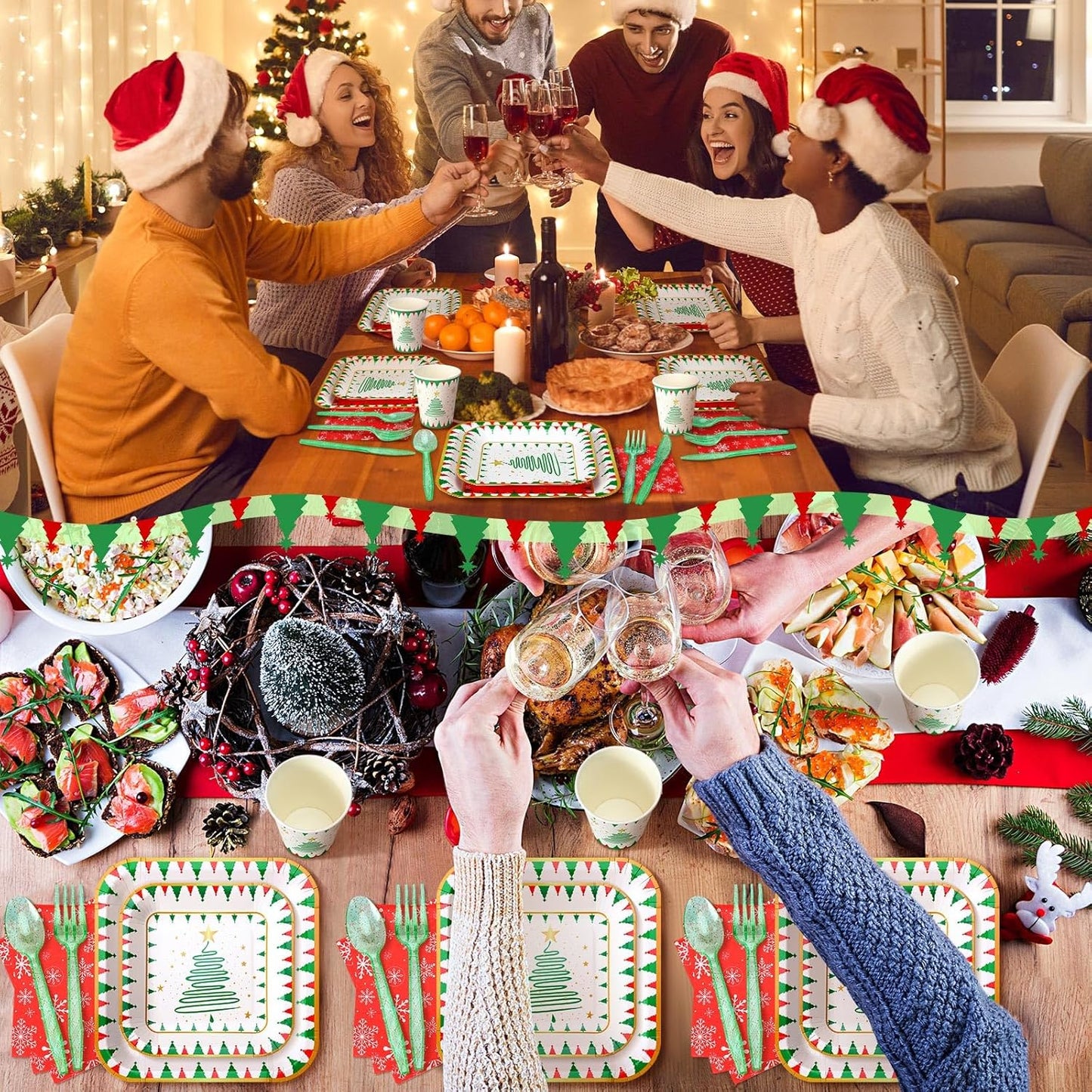 350 Pcs Paper Plates and Napkins Set Disposable Dinnerware Party Supplies Tableware Serve 50 Guest Cups Knife Forks Spoon(Red, Green,Christmas Tree)