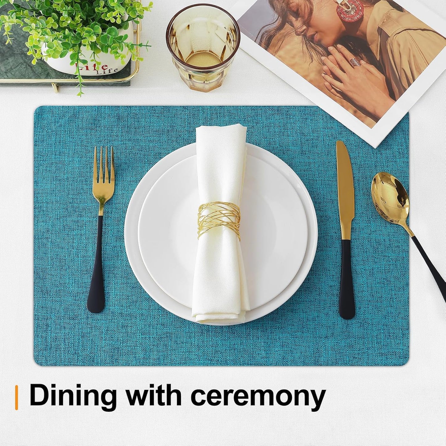 Homaxy Cloths Placemats for Dining Table Set of 4, Heat Resistant Washable Cotton Linen Blend Table Mats, Easy to Clean Place Mats for Indoor Outdoor Party Kitchen Decoration, 13" x 19", Teal