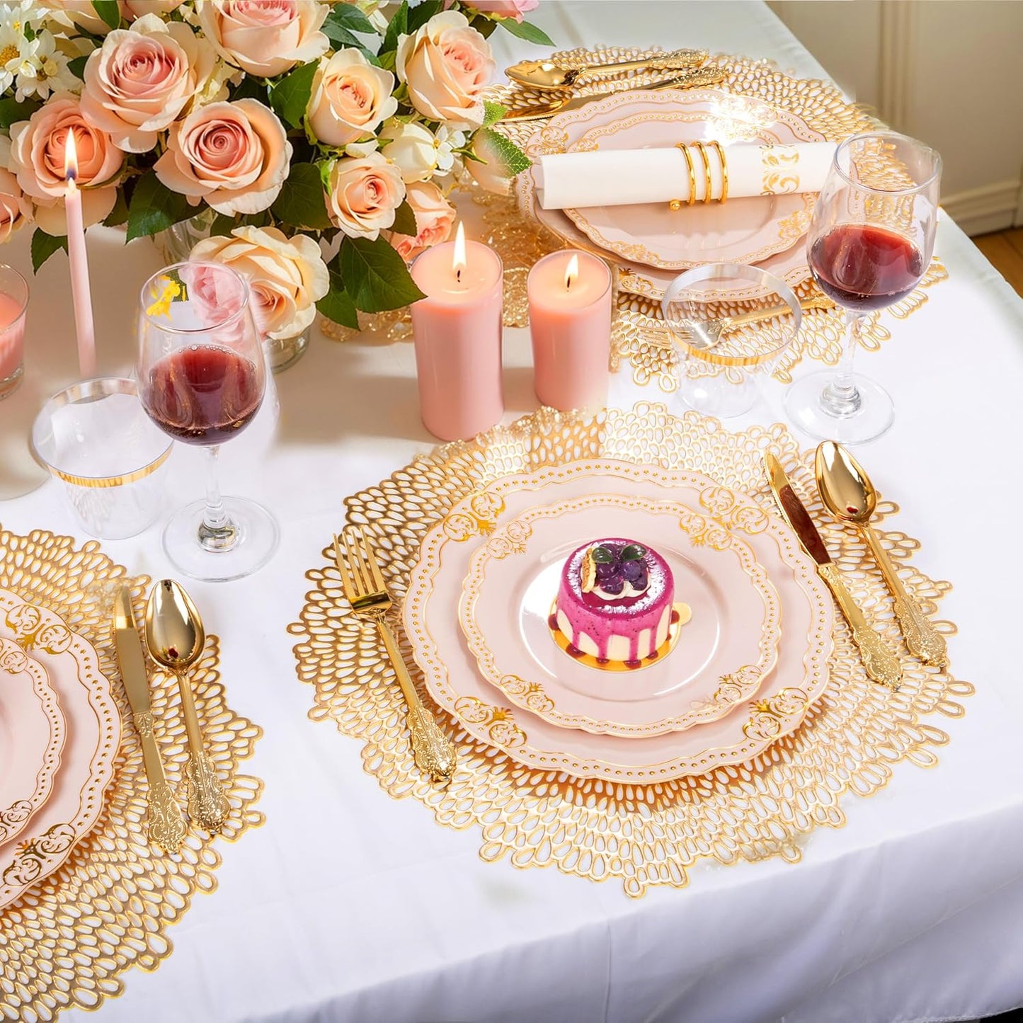 Ciaell 175 PCS Pink and Gold Plastic Plates - Fancy Gold Disposable Dinnerware Set with of 50 Plates, 25 Knives, 25 Forks, 25 Spoons, 25 Cups, 25 Napkins for Party & Weddings