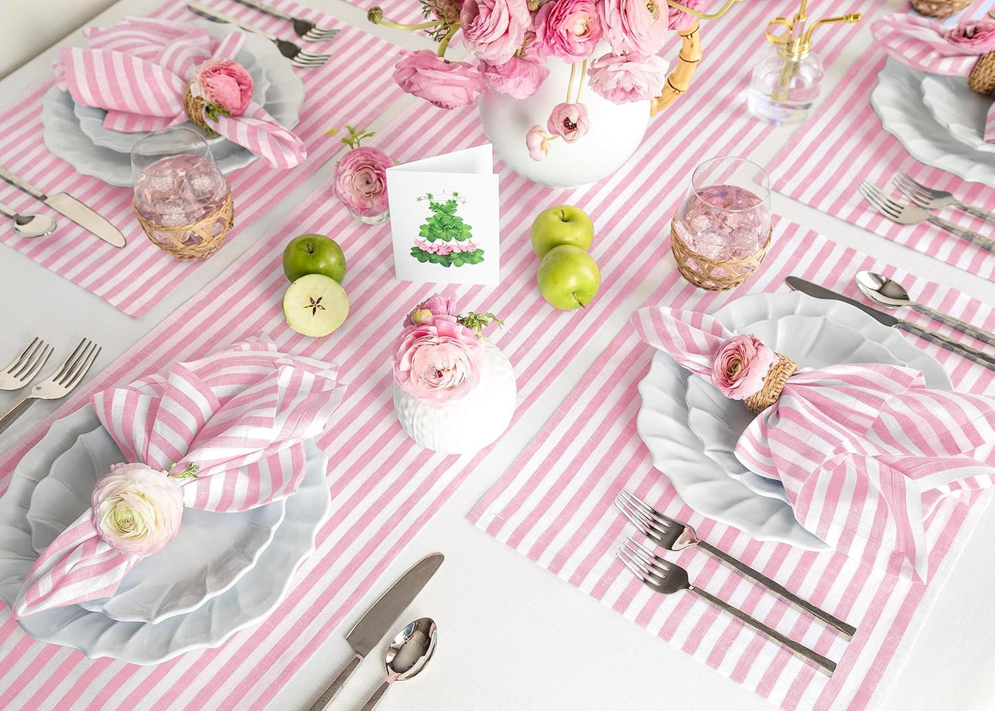 Solino Home Striped Linen Table Runner 36 Inches - Amalfi Stripe, 100% Pure Linen Cherry Blossom and White Small Table Runner 14 x 36 Inch Ideal for Dresser and Coffee Tables