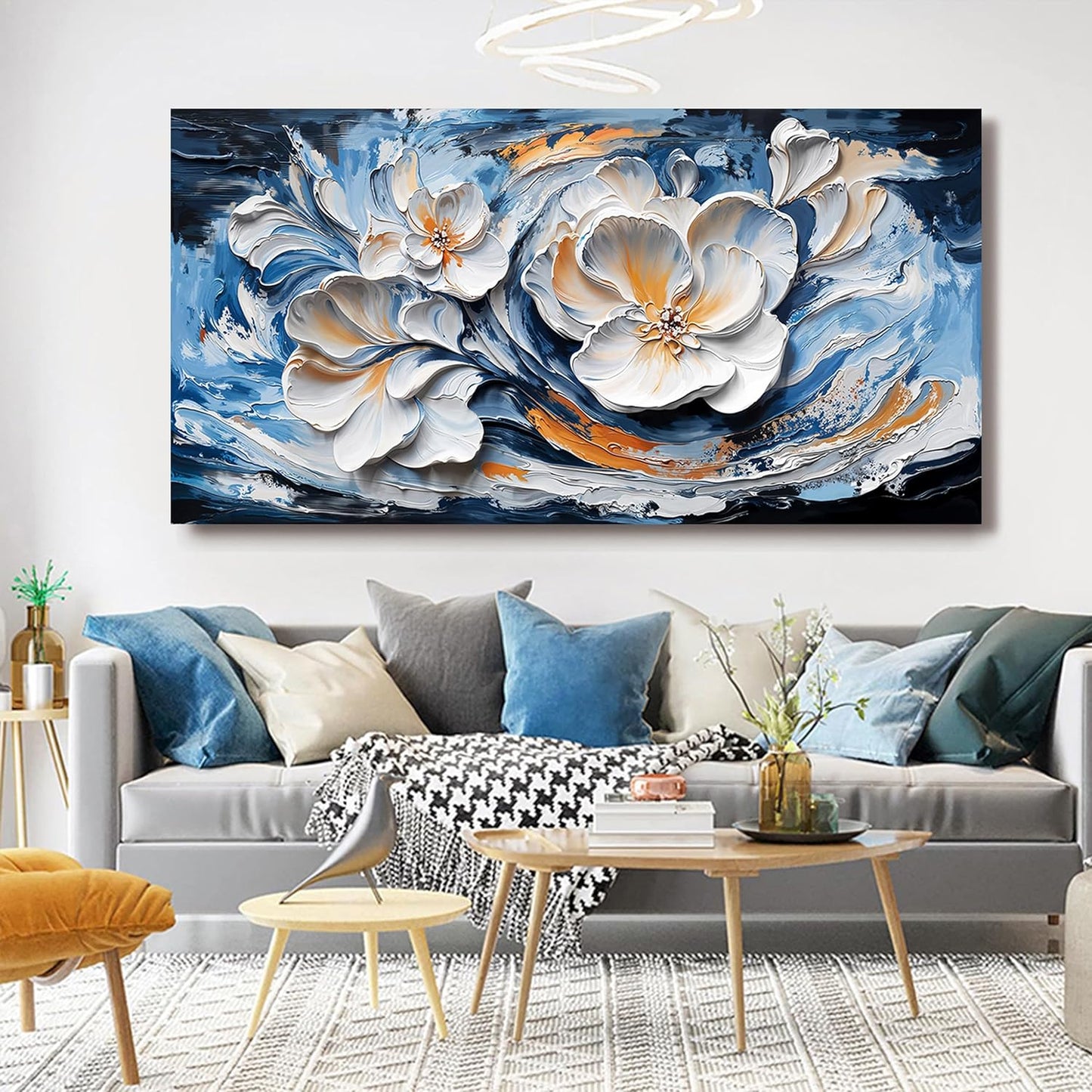 Large Canvas Wall Art Decor Wall Art Pictures for Living Room Abstract Canvas Art Wall Decor Blue White Wall Art Prints Oversized Flower Wall Art Decorations Bederoom Office Home Decor 29" X 58"