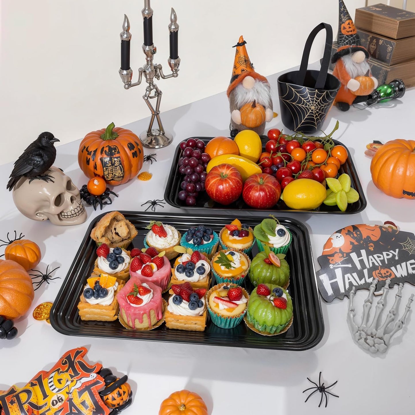SUT 6-Pack Black Halloween Serving Trays for Entertaining-16 x 11" Serving Platters for Snacks, Fruit, Cookies Reusable Plastic Trays for Serving Food in Kitchen & Halloween Parties