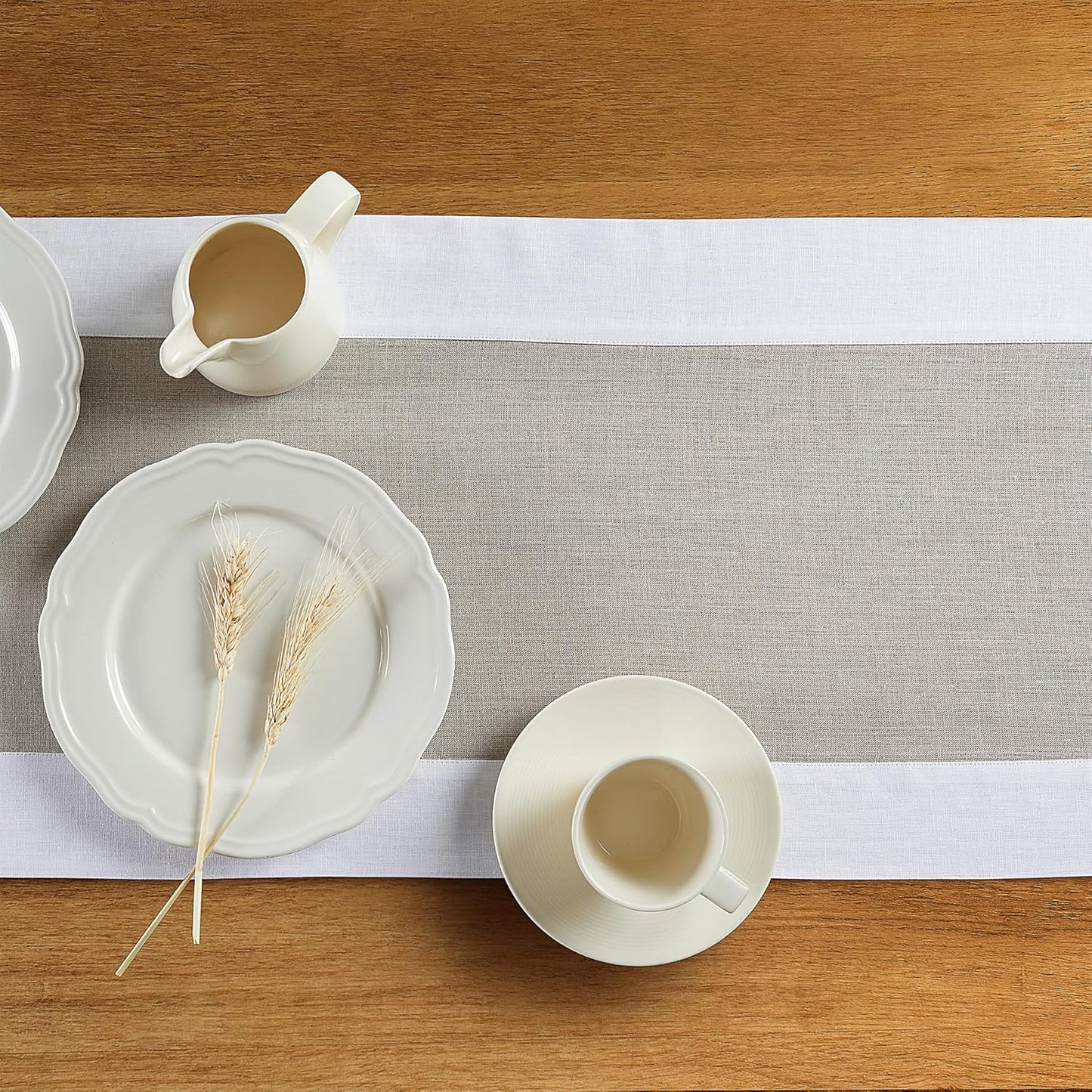Solino Home Linen Table Runner 120 Inches Long - White and Natural 100% Pure Linen 14 x 120 Inch Table Runner for Dining, Fall, Autumn, Thanksgiving, Holiday - Contempo