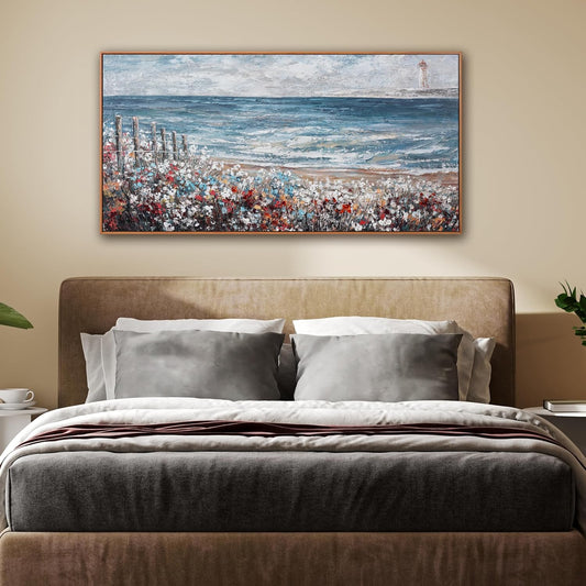 Wall Art Decor Canvas Print Painting Blue Sea Colorful flowers Landscape Picture Artwork Framed Wall Decor For Living Room Bedroom Living Room And Apartment 20 x 40 Inch