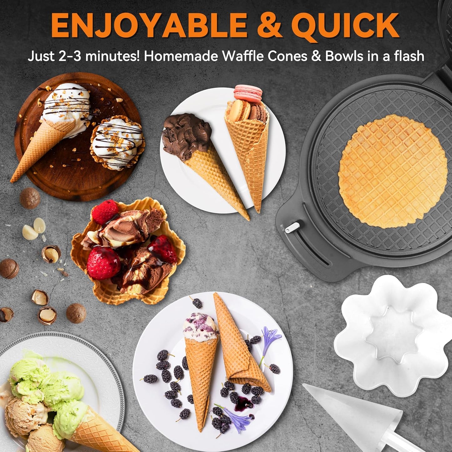 Baker's Friend Waffle Cone Maker Machine with Browning Control, Nonstick Waffle Bowl Maker, 7.5” Ice Cream Cone Maker, Thin Waffle Maker Crispy, Cone Roller & Bowl Press Included, Graphite