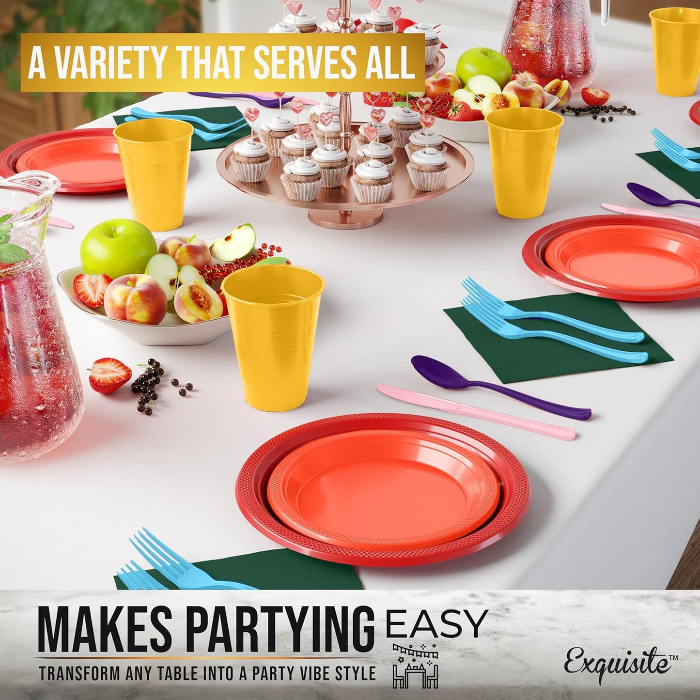 Party Solids 350 Pieces Rainbow Plastic Plates For Party, Rainbow Disposable Plates Set, 50 Of Each 9" Dinner Plate Set, 7" Dessert Plate, Cups, Napkins & Cutlery Plastic Dinnerware