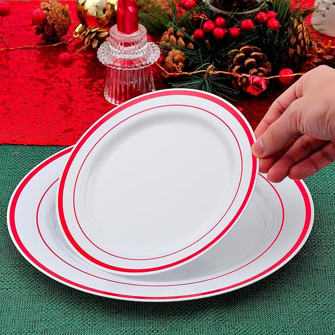 300 PCS Red Dinnerware Set for 50 Guests,Red Rimmed Heavy Duty Plastic Disposable Plates for Party Wedding-50 Dinner Plates,Dessert Plates,Spoons,Forks,Knives,Cups