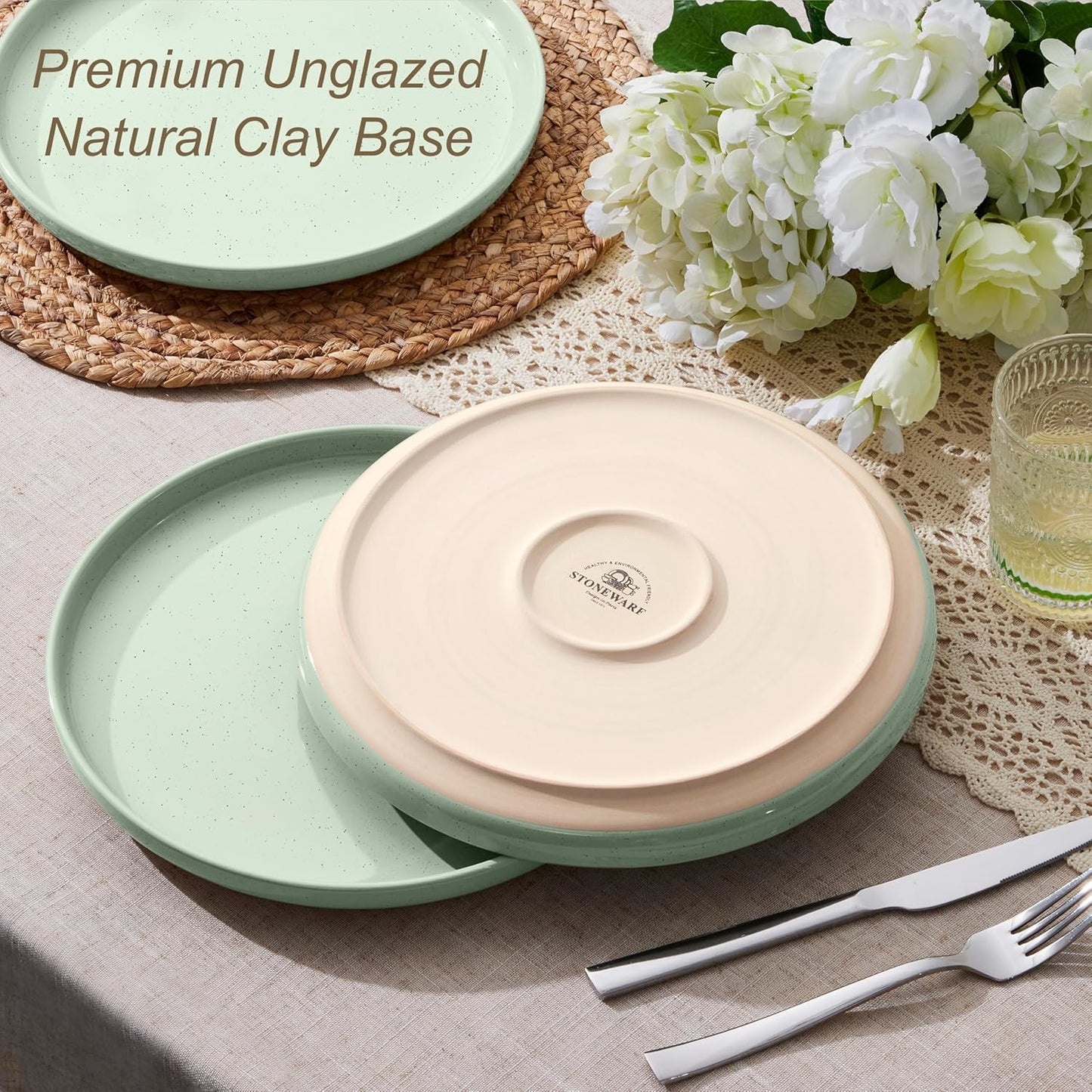 LIANYU Dinner Plates Set of 4, 10.5’’ Large and Round Stoneware Plates, Ceramic Dishes Set for Kitchen Serving Salad, Dessert, Steak, Oven, Microwave & Dishwasher Safe, Scratch Resistant, Fog Green