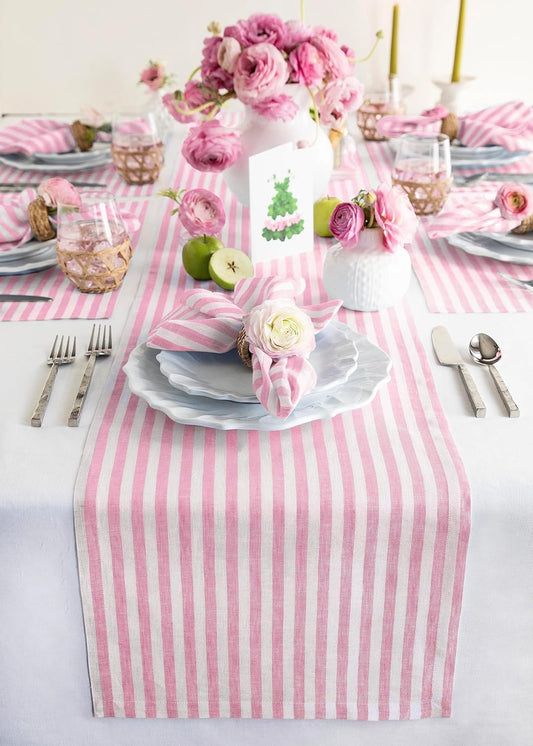 Solino Home Linen Table Runner 90 Inches Long - Amalfi Stripe, 100% Pure Linen Cherry Blossom and White Table Runner 14 x 90 Inch for Dining
