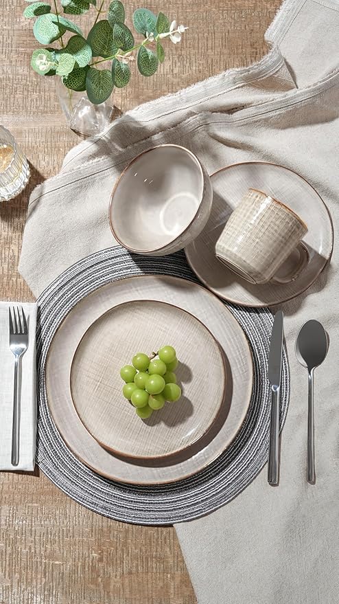 Famiware Moonlight Plates and Bowls Sets, 12 Pieces Stoneware Dinnerware Sets with Linen Finish, Handmade Dishware Set for 4, Microwave and Dishwasher Safe, Chip and Scratch Resistant, Summer Sand