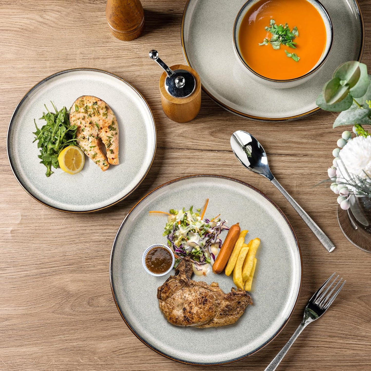 GBHOME 16 Pieces Double Bowls Ceramic Dinnerware Sets for 4, Stoneware Plates and Bowls Set with Reactive Glaze, Scratch Resistant Stoneware Dishes Set, Dishwasher & Microwave Safe