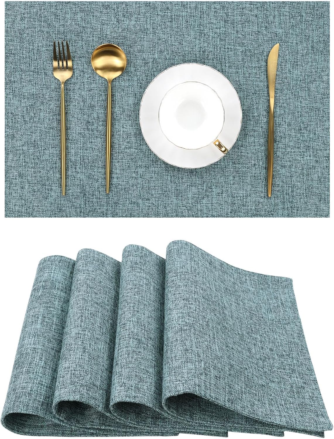 SHACOS Washable Fabric Placemats Set of 4 Heat Resistant Double Layer Cloth Table Mats Non Slip Farmhouse Place Mats, Blue Grey