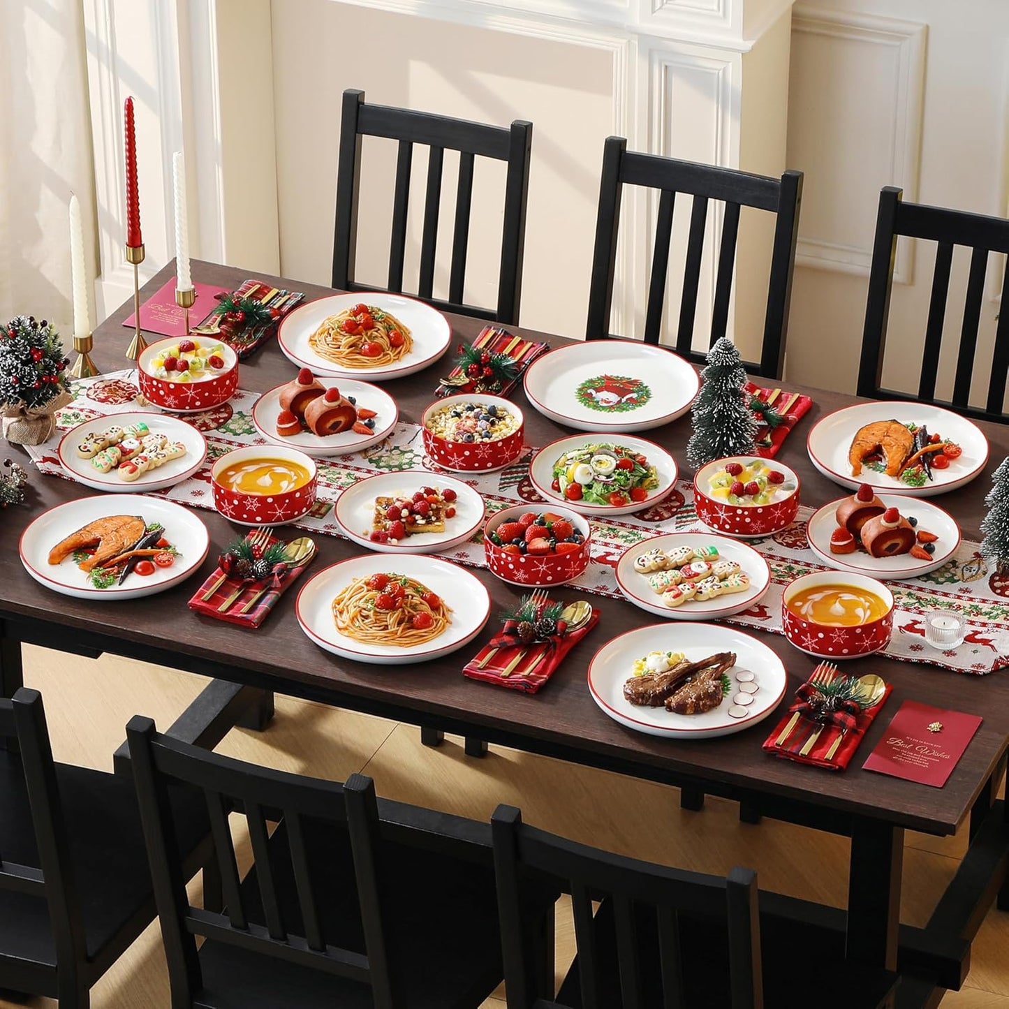 MALACASA Plates and Bowls Sets, 18 Pieces Christmas Porcelain Dinnerware Set for 6, Ceramic Dishware Dishes Kitchen Dinner Dining Ware Set, Microwave and Dishwasher Safe, Series LUNA-Santa Claus