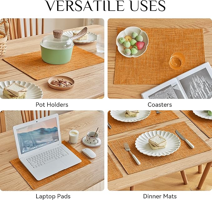 Softalker Faux Linen Placemats Set of 6-12 x 18 Inch, Heat Resistant Double Layered Durable Burlap Farmhouse Place Mats, Non-Slip Washable Rustic Table Mats for Dining, Kitchen, Party（Orange