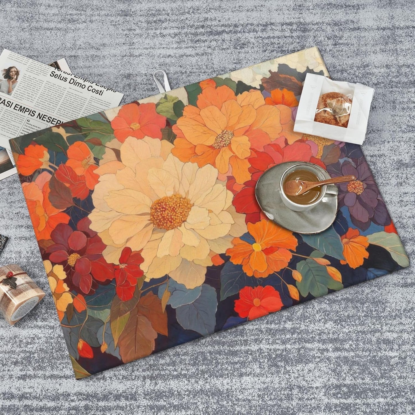 Colorful Floral Dish Drying Mat for Kitchen Counter, 18"x24" Microfiber Absorbent Fast Dry Mat, 2Pcs Dish Mat Faucet Mats Sets, Large Drying Kitchen Mat Kitchen Drying Pad Coffee Bar Decor Gifts