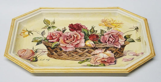 GAC Italian Hand Painted 'Country Flowers' Decorative Rectangular Serving Platter - Serving Tray, Decorative Plate - Brass - Limited Edition 11.25"