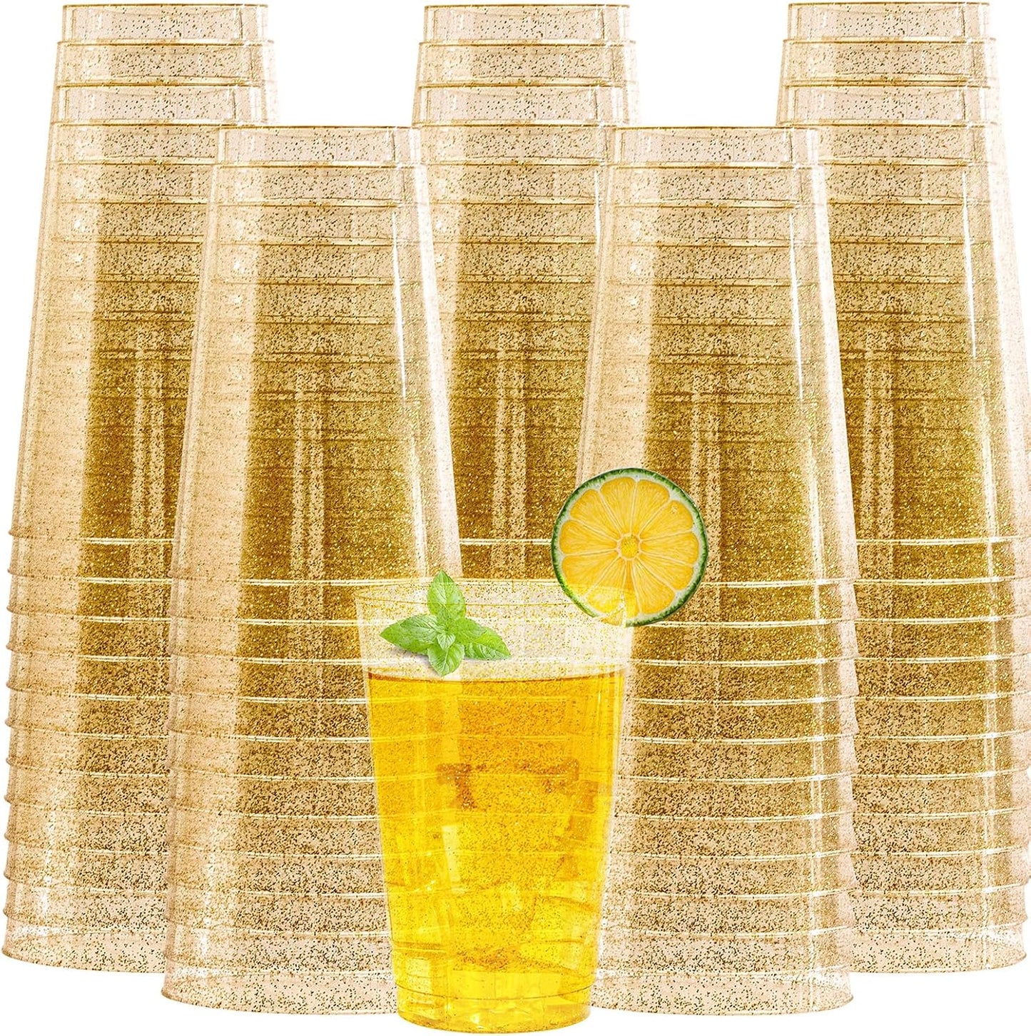 I00000 100 Pack 20 oz Gold Plastic Cups, Gold Glitter Cups Disposable Plastic Wine Glasses Cocktail Glasses Premium Cup, 20 Ounce Glitter Disposable Tumblers for Party & Wedding