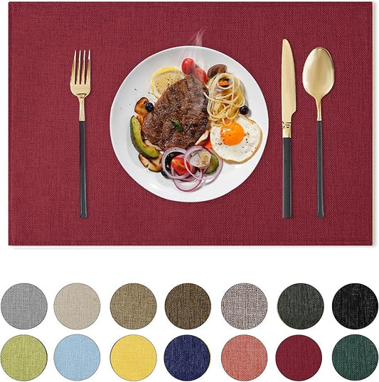 Romanstile Cloth Placemats Set of 6-12 x 18 Inch, Heat Resistant Double Layered Thickened Burlap Christmas Place Mats, Washable Faux Linen Farmhouse Table Mats for Kitchen/Dining/Party/Outdoor, Red