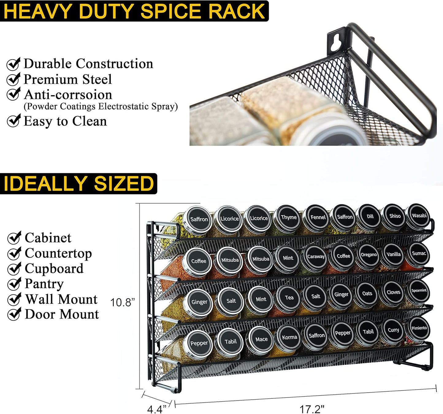 SpaceAid Spice Rack Organizer with 36 Spice Jars, 386 Spice Labels, Chalk Marker and Funnel Set for Cabinet, Countertop, Pantry, Cupboard or Door & Wall Mount - 36 Jars, 17.2" W × 10.8" H, Black