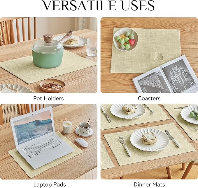 Softalker Faux Linen Placemats Set of 8-12 x 18 Inch, Heat Resistant Double Layered Durable Burlap Farmhouse Place Mats, Non-Slip Washable Rustic Table Mats for Dining, Kitchen, Party（Light Linen