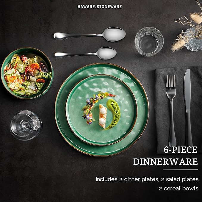 HaWare Dinnerware Sets, 6-Piece Plates and Bowls Set, Stoneware Dish Set for 2, Ceramic Dinnerware for Home Restaurant, Chip and Scratch Resistant, Microwave and Dishwasher Safe, Reactive Green