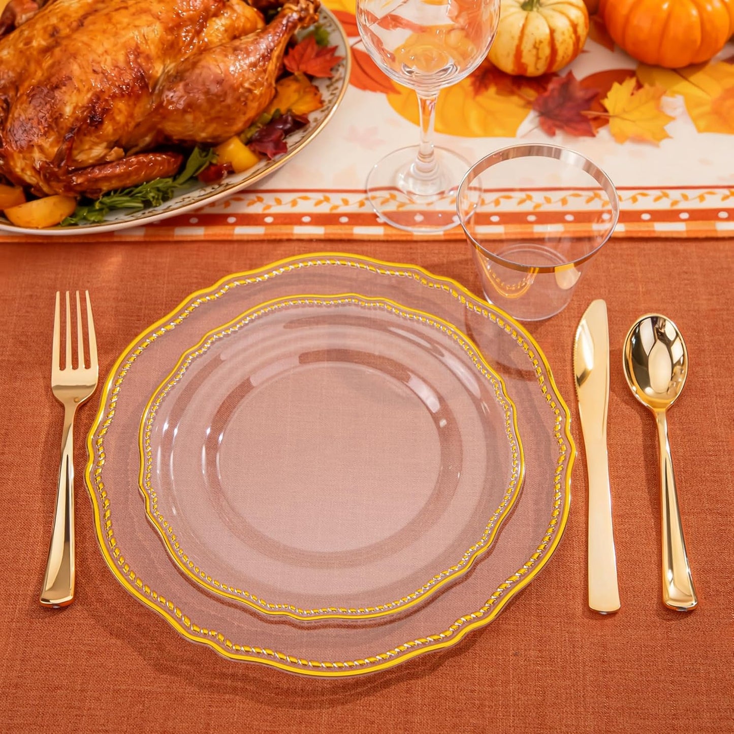 Hioasis 350pcs Clear Gold Plastic Plates - Gold Plastic Dinnerware Set Includes 50 Dinner Plates, 50 Dessert Dinnerware, 50 Cups, 50 Rolled Napkin Cutlery Perfect for Wedding & Party