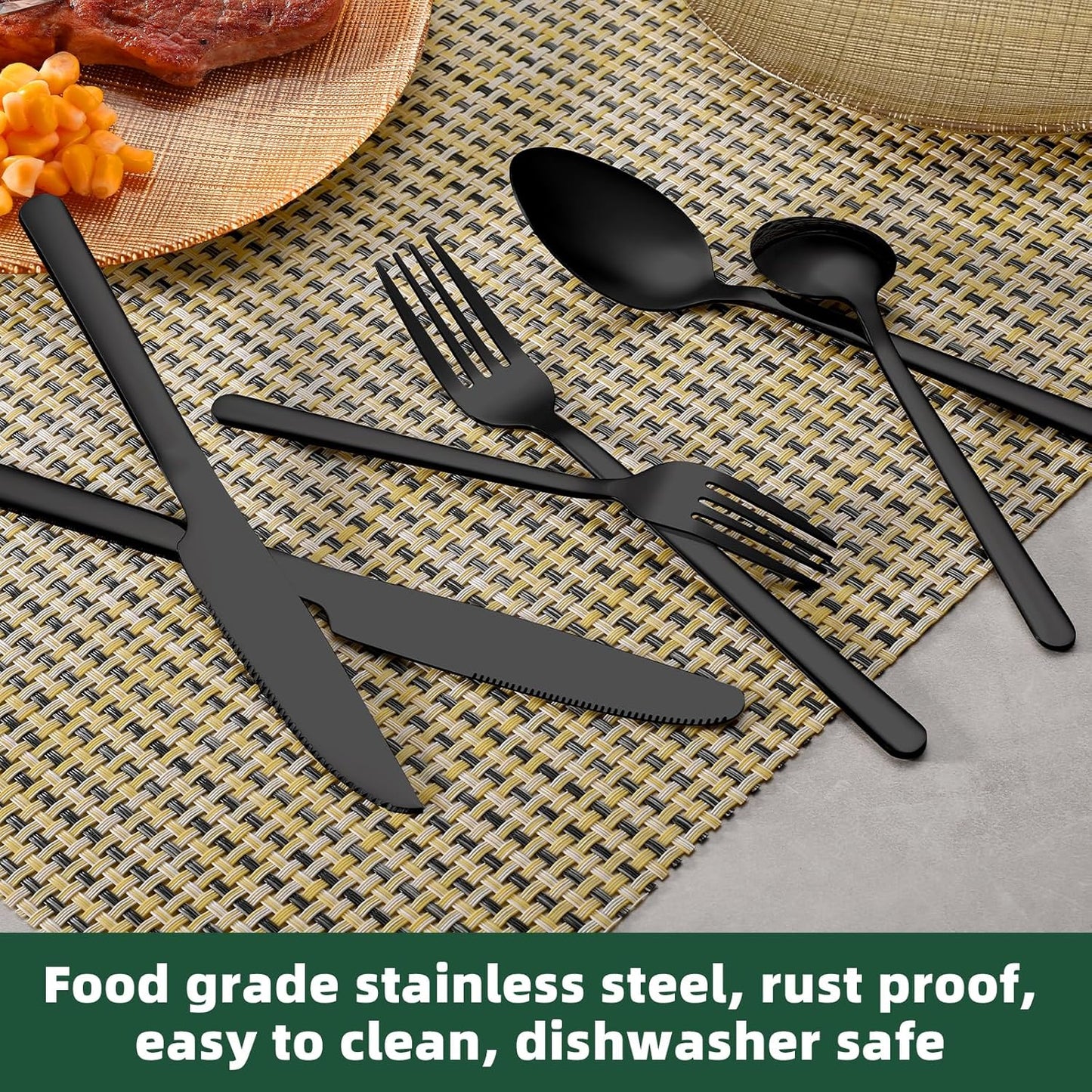 24 Pcs Black Silverware Set with Steak Knives, Food-Grade Stainless Steel Flatware Cutlery Set for 4, Mirror Polished Tableware Eating Utensils Set for Kitchen, Knife Fork Spoon Set, Dishwasher Safe