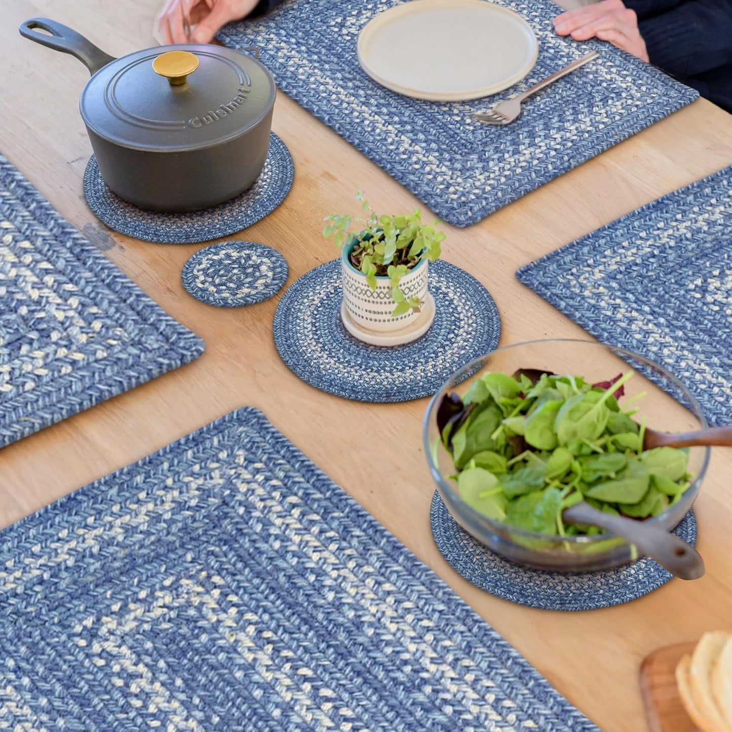 Denim Jute Braided Kitchen Trivets for Hot Dishes, Country Coastal Decor, Set of 6, Blue 8" Round Heat Resistant Mats - Rich Colors, Easy to Clean, Durable and Protects Furniture