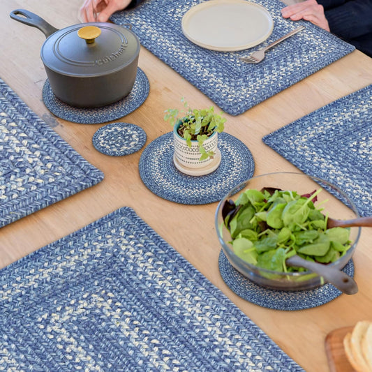 Denim Jute Braided Kitchen Trivets for Hot Dishes, Country Coastal Decor, Set of 6, Blue 8" Round Heat Resistant Mats - Rich Colors, Easy to Clean, Durable and Protects Furniture