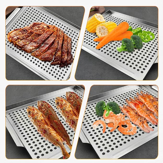 Grill Pan, Nonstick Grill Topper for Outdoor Grilling, Perforated BBQ Tray with Handles for Vegetable, Fish, Meat, Seafood (15x11)