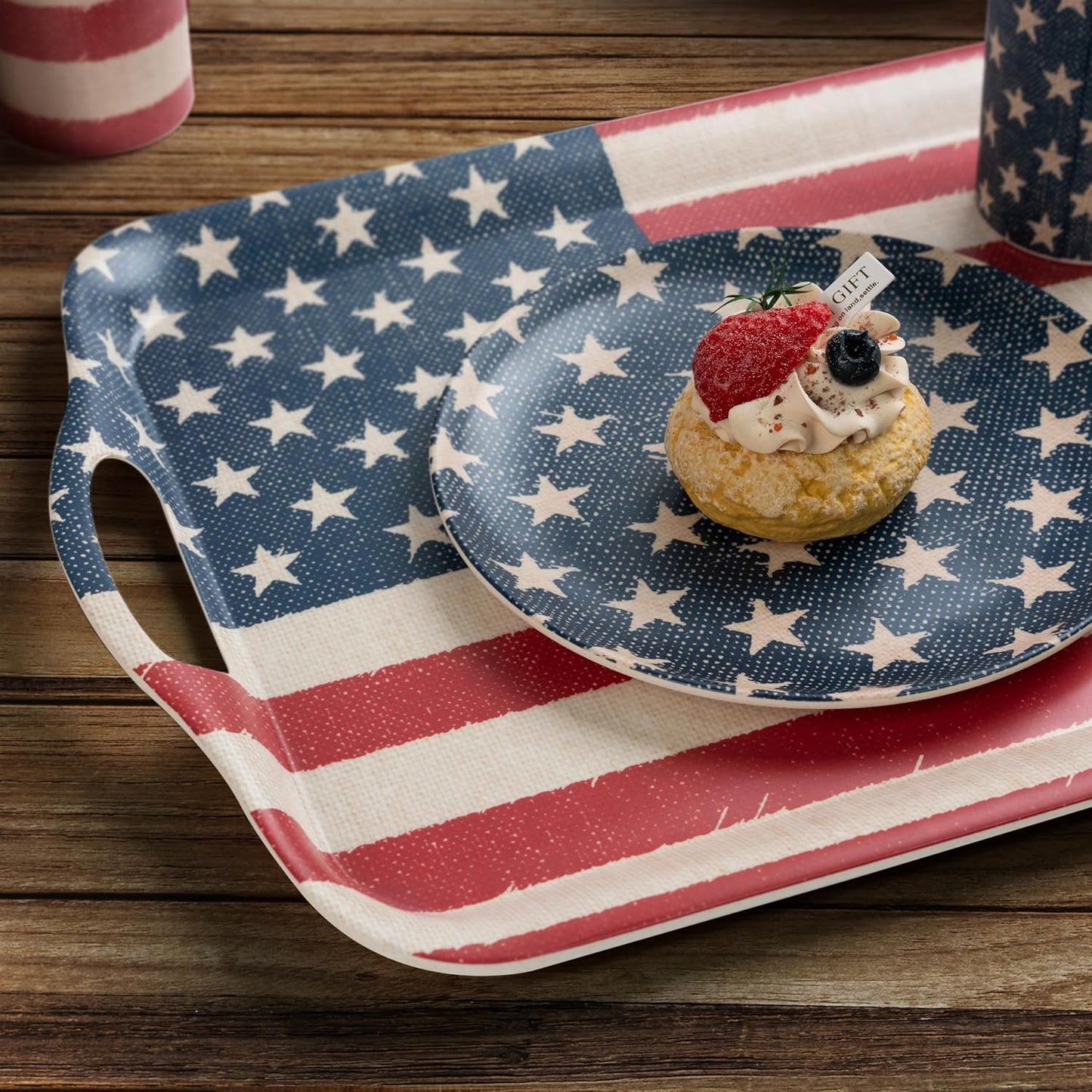 KINGEN 2-Pack Patriotic Bamboo Fiber Serving Trays - 18×13-inch Extra Large w/Handles Tray, Stars & Stripes Platters for 4th of July, Christmas, Birthday, BBQ, Party - Red, White & Blue Decor