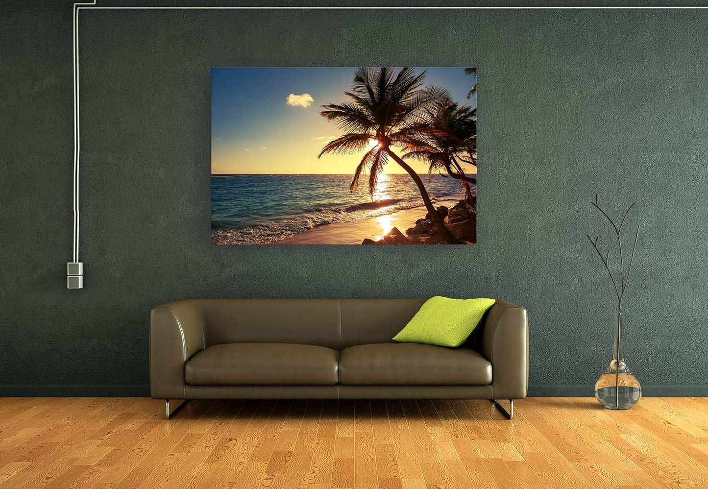 Muolunna S04969 Wall Art Decor Large Canvas Print Picture Sunset Ocean Beach Waves 1 Panel Coconut tree Scenery Painting Artwork for Office Home Decoration Stretched and Framed Ready to Hang XLarge