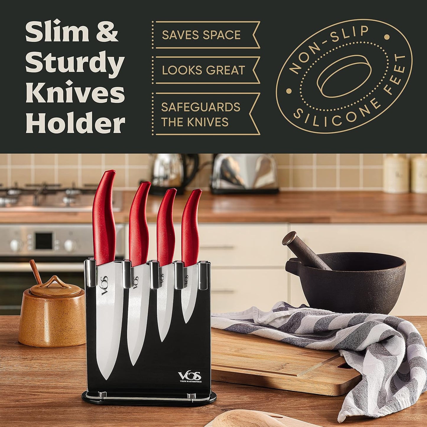 Vos Ceramic Knife Set, Ceramic Knives Set For Kitchen, Ultra Sharp Kitchen Knife Set with Covers, 3" 4" 5" 6" Paring, Santoku, Chef Knife & Utility, Lightweight, Dishwasher safe (Red with Block)