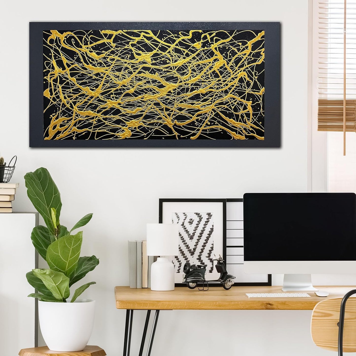 Abstract Canvas Hand Painted Wall Art for Living Room - Black and Gold Painting Wall Art for Office - Modern Wall Decor for Bedroom Size 20" x 40"
