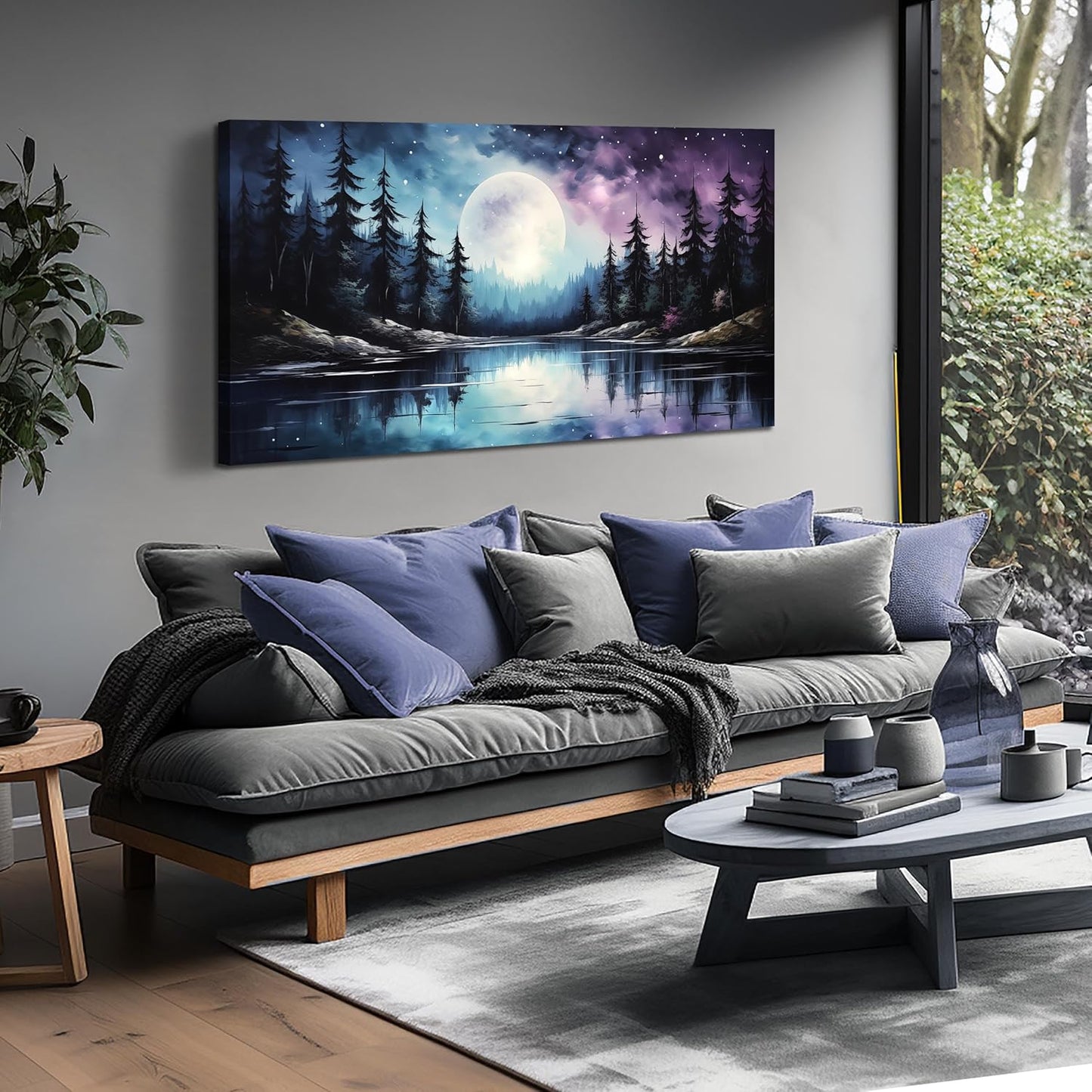 AOZEMI Large Forest Wall Art Landscape Canvas Moon Pictures for Living Room Office Bedroom Modern Nature Wall Decor 24x48