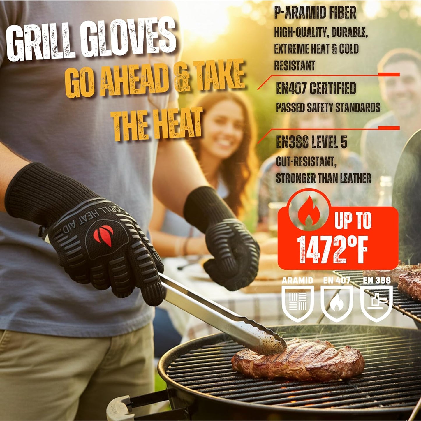 GRILL HEAT AID BBQ Grill Gloves 1472°F - Extreme Heat Resistant Oven Mitts for Grilling, Smoker & Fire Pit with Silicone Grip & EN407 Cut Resistance - Mid Cuff, Black