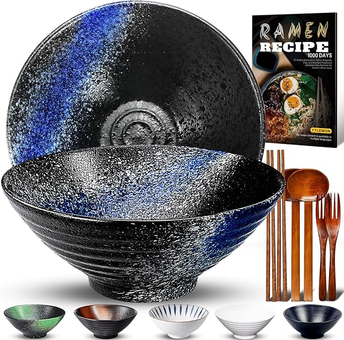 8-Inch Ceramic Ramen Bowl Set of 2 (9 Piece) - Porcelain Japanese Salad Noodles Cereal Fruit Pasta Soup Large Bowls with Recipes Chopsticks Forks Spoons for Men Women Gift Microwave & Dishwasher Safe