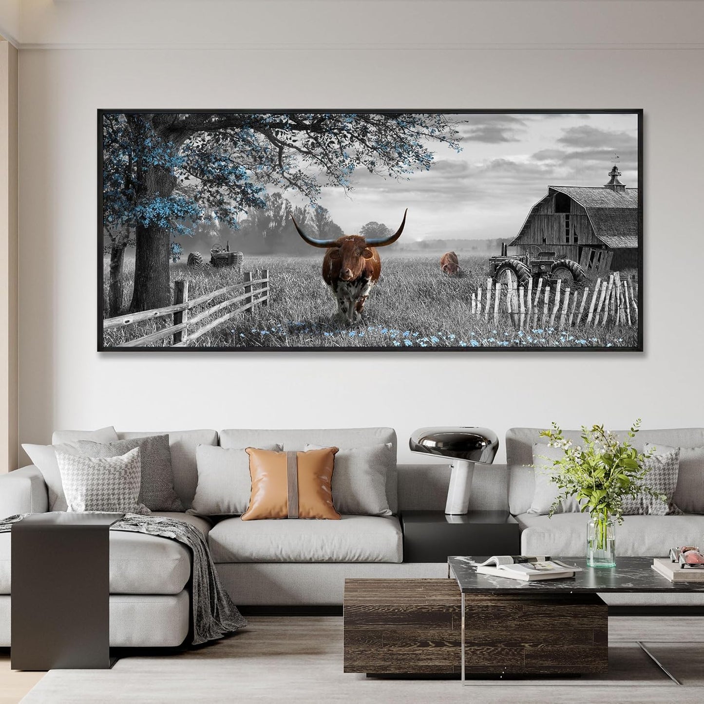 yiijeah Rustic Wall Art - Western Home Decor Cow Picture Extra Large Wall Decr Rustic Longhorn Living Room Bedroom Canvas Framed Artwork Farmhouse Decor